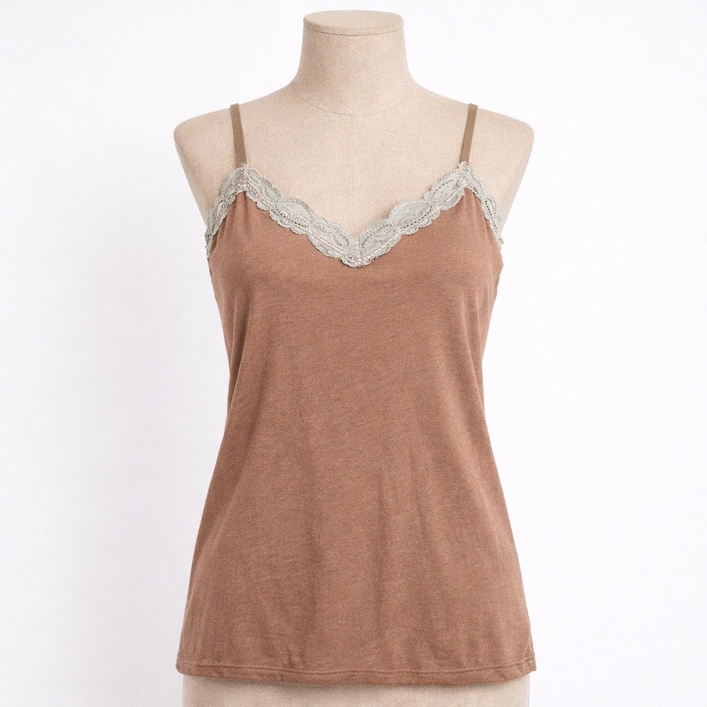 Vintage Y2K Supima Cotton Lace Cami Tank Size S Brown Preppy Layering Minimalist